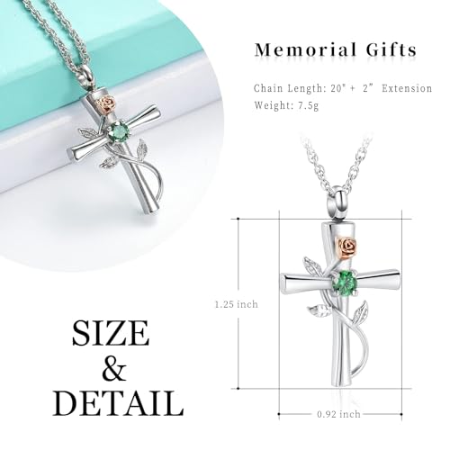 Cross Urn Necklace for Ashes Birthstone Rose Flower Cremation Jewelry for Women Gilrs Keepsake Memorial Ashes Pendant Silver-Green