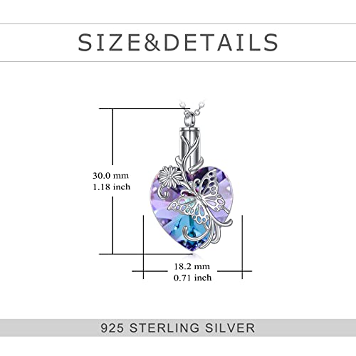 YFN Elephant Heart Crystal Urn Necklace for Ashes Cremation Jewelry Sterling Silver with Crystal Jewelry Gifts for Women Butterfly