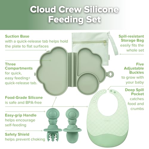 Haakaa silicone baby travel feeding set with foldable suction plate, includes flatware for children 6 months and older.