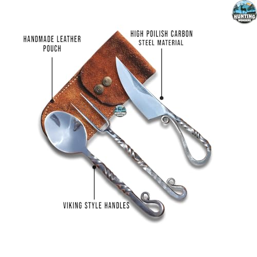 Customize Viking 3-Piece Medieval Cutlery Set, Hand Forged Feasting Set, Twisted Pattern Eating Utensils, Carbon Steel Flatware With Leather Pouch