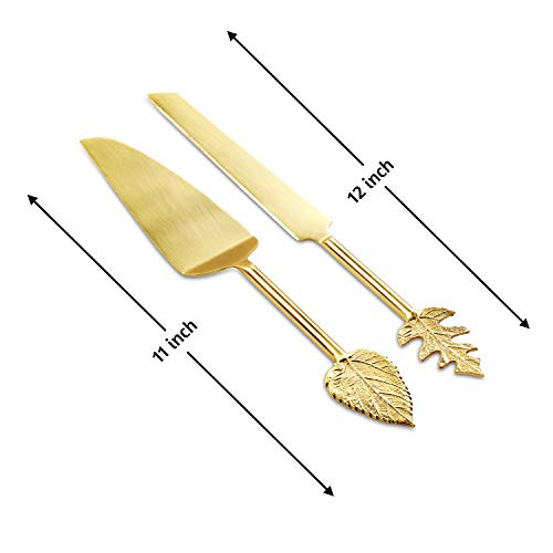 Folkulture Wedding Cake Knife and Server Set, Stainless Steel Cake Cutting Set or Pie Patry Serving Set, Large 2-piece Dessert Set, Gold Leaf Gold - Leaf