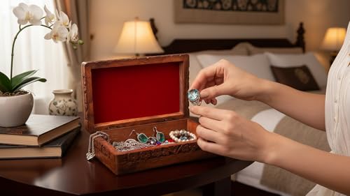 Handmade wooden jewelry and keepsake box with triquetra design, decorative storage box, 8x5 inches, by The Great Indian Bazaar.