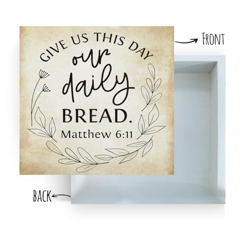 Inspirational Bible Verse Give Us This Day Our Daily Bread Wooden Box Sign Scripture Desk Decor Rustic Scripture Wood Block Plaque Box Sign for Home Office Shelf Table Decoration Matthew 6:11