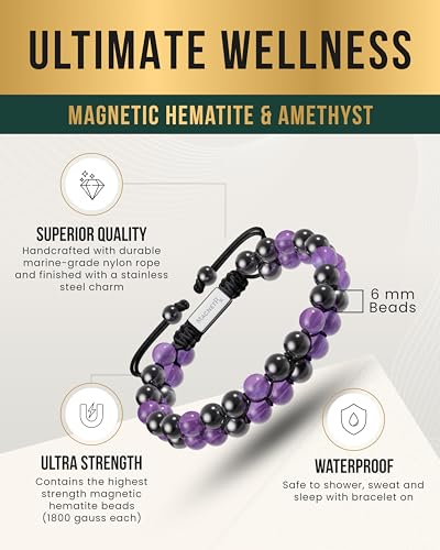 MagnetRX® Hematite & Gemstone Beaded Bracelets for Women (Amethyst) Amethyst 6mm Bead