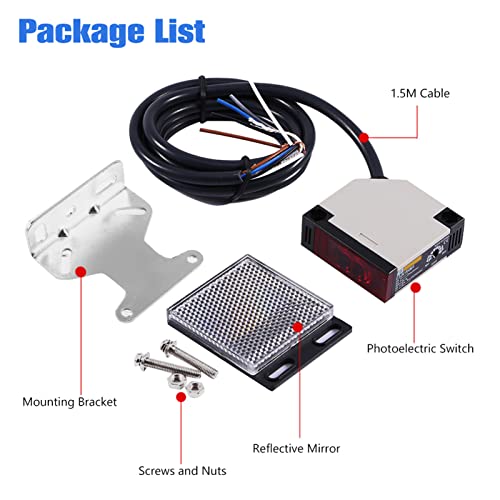 Photoelectric Switch Sensor E3JK-R4M1 Retroreflective Photoelectric Proximity Switch AC90-250VAC 3A Specular Reflection Indoor Wall Mounted with Reflector Panel 1.5M Cable Induction Distance 4M