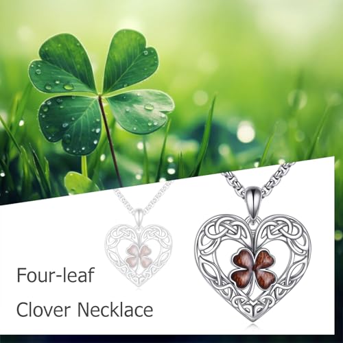 ONEFINITY Wooden Clover Necklace Sterling Silver Wood Four Leaf Clover Shamrock Pendant Necklaces Celtic Knot Irish Jewelry Saint Patricks Gifts for Women