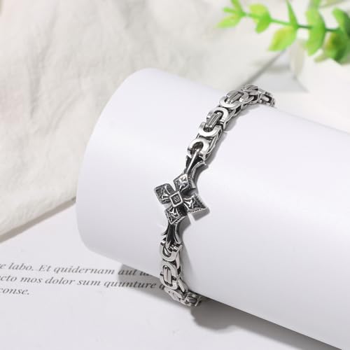 JewelryWe Cross Bracelet for Men: Stainless Steel Vintage Adjustable Byzantine Chain Bracelets Christian Faith Jewelry for Birthdays Father's Day and Special Occasions