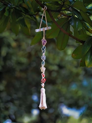 Selenite Crystal Hanging Chakra Wall Decor, Handmade Large 7 Healing Natural Stones, Spiritual Good Luck Ornament for Yoga Meditation Accessories Reiki Anxiety Relief, Gift for Women and Kids