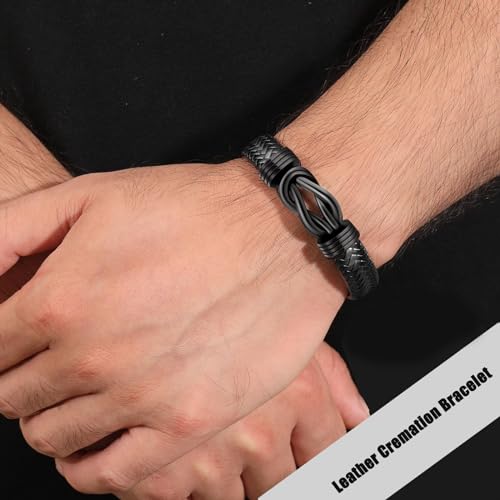 RIPFEVURN Urn Bracelet for Ashes for Women Men Infinity Knot Cremation Jewelry Leather Cuff Bangle Memorial Ashes Bracelet 8.66"