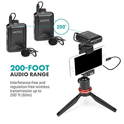 Movo WMX-1-DUO 2.4GHz Dual Wireless Lavalier Microphone System, Compatible with DSLR Cameras, Camcorders, iPhone, Android Smartphones, and Tablets, 200ft Audio Range, Great for Teaching Tutorials 2 Transmitters