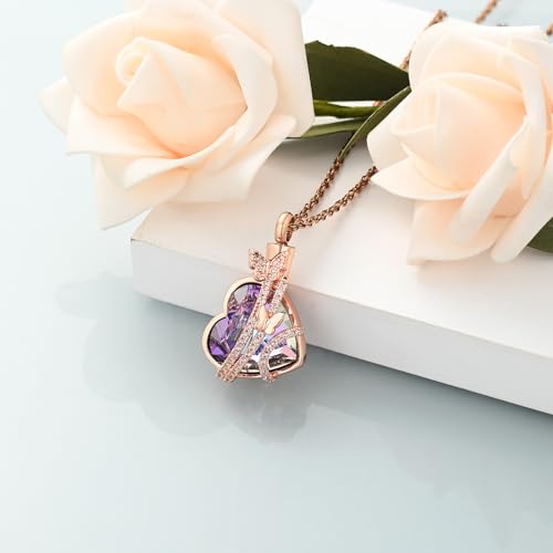 shajwo Butterfly Heart Urn Necklaces Cremation Jewelry for Ashes for Women Men Memorial Human Ashes Pendant Rose Gold-Purple