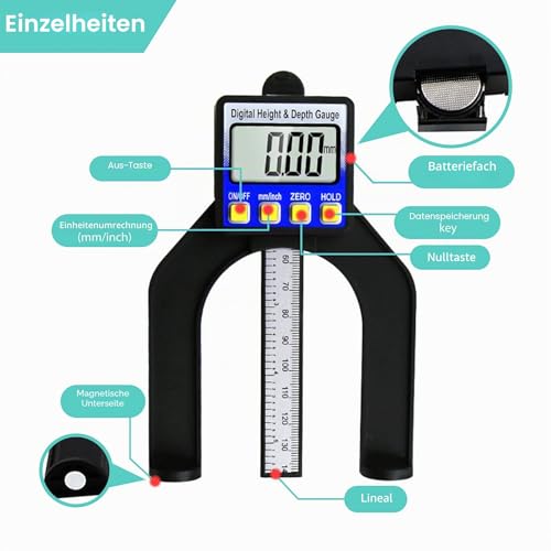 RUIZHI Digital Depth Gauge Altimeter 0-85 mm Profile Depth Gauge LCD Display Digital Caliper for Woodworking, Mechanical Engineering with Magnets