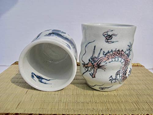 Japanese Sushi Yunomi Tea cups 9.47 Onces Authentic Dragon Red and Blue for Hot Green Tea Matcha Tea Bancha Set of 2 from Japan
