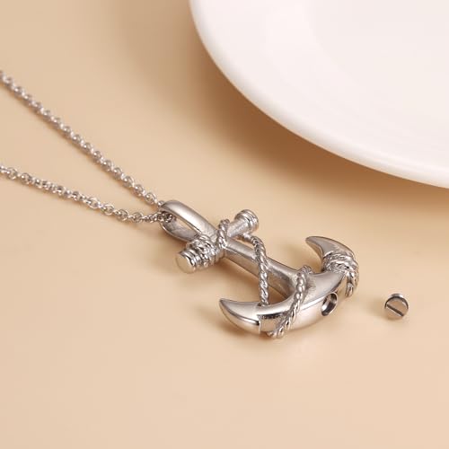 Anchor Cremation Urn Necklace For Ashes For Men Stainless Steel Sailing Memorial Jewelry Ashes Holder Keepsake Pendant Necklace Dad Gifts Silver