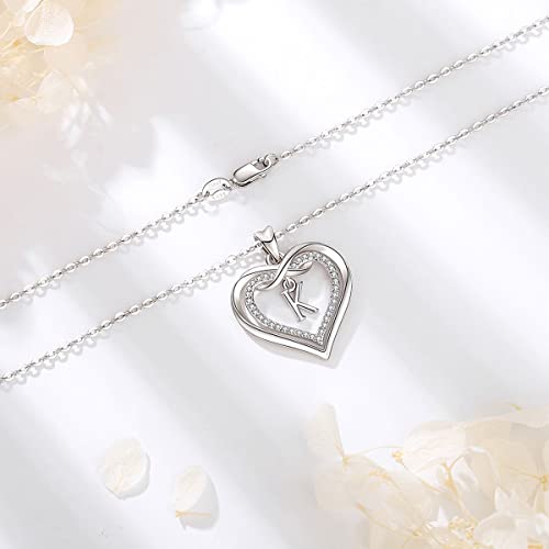 Vito 925 Sterling Silver Initial Necklace for Women, Cubic Zirconia Double Heart Letter Pendant, 18" K