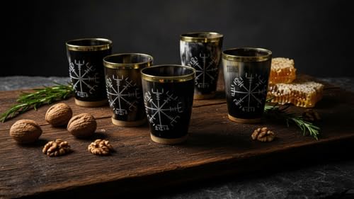Royal Viking Drinking Horn Shot Glass Cup Brass Ring Genuine Handcrafted Viking Horn Cup Original Medieval Cup (SET OF 6) SET OF 6
