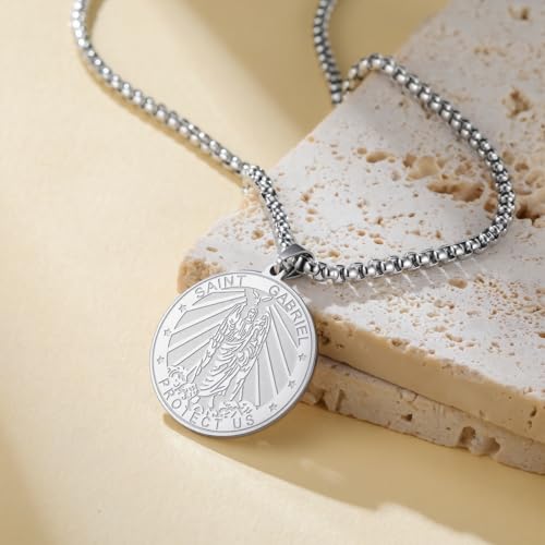 TEAMER Saint Gabriel Necklace Guardian Blessing Hope and Protection St. Gabriel Archangel Necklace Religious Jewelry For Men Silver