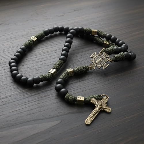 Nazareth Store Antique Bronze Metal Rugged Durable Paracord Rosary Necklace Black Matte Prayer Beads with Saint Medal and Crucifix St benedict & St benedict cross
