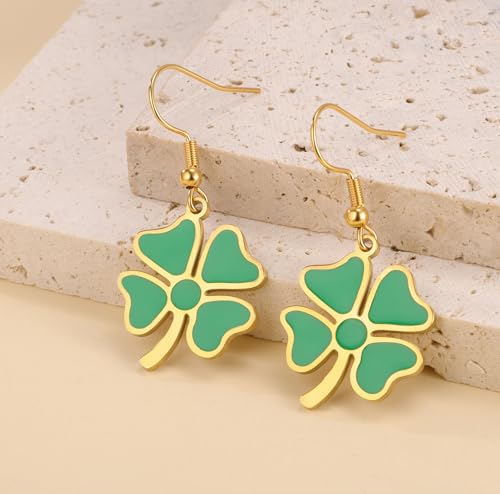 Four Leaf Clover Earrings Green Shamrock Drop Dangle Earrings Good Lucky Charm Friendship Jewelry St Patricks Day Accessories Irish Gift for Women gold