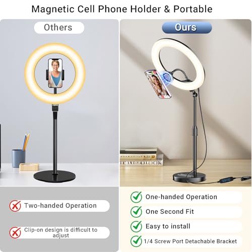Desk Ring Light with Magnetic Phone Holder, 10'' Video Conference Podcast Lighting Kit for Laptop Computer Monitor Zoom Call Streaming, 3 Color LED Halo Light with Adjustable Stand for Home Office 10inch