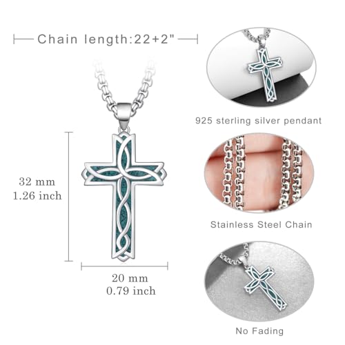 Cross Necklace for Men S925 Sterling Silver Turquoise Cross Pendant Necklace Religious Jewelry Gifts for Men Women
