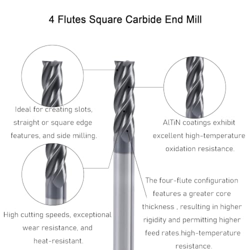 XYunEnZ 3/16-inch 4-flute square end mill, AlTiN-coated carbide, 5-piece set