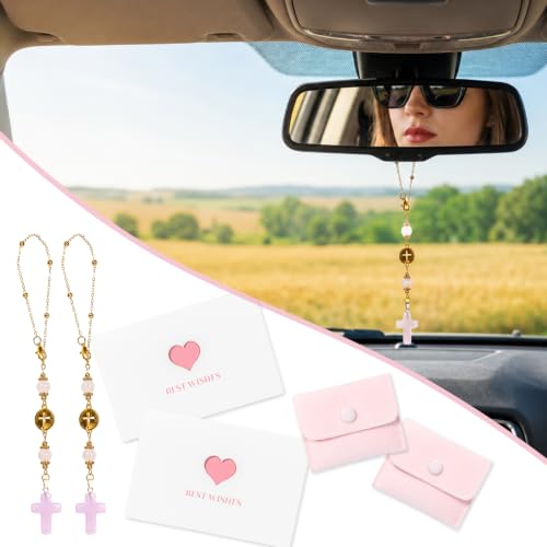 HAYVAN Cross for Car Mirror, 2-Set Rose Quartz Crystal Hanging Charm