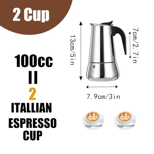 2 Cup Stovetop Espresso Maker Stainless Steel Moka Pot Stove Top Percolator Italian Coffee Makers Capable Mocha Greca Machine Cafe Classic Induction Cookers for Home and Camping 100ml 3.3oz Silver 2 Cup