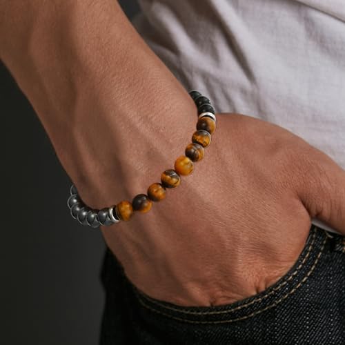 Gnamy Healing Crystal Bracelet Gifts for Men, Triple Protection Hematite Black Obsidian Tiger Eye Gemstone Beaded Bracelets Birthday Healing Jewelry Gifts Black-7