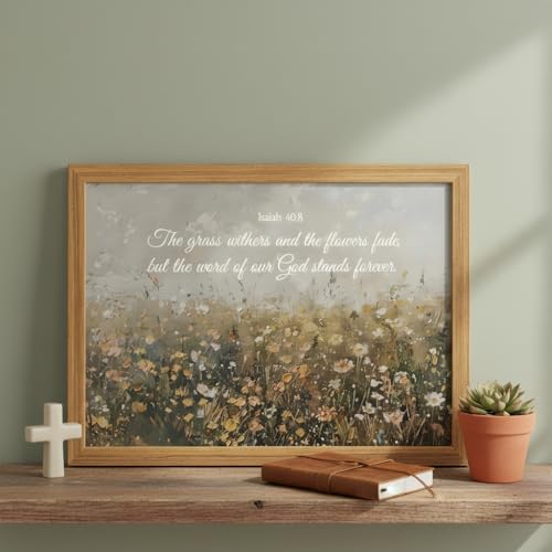 smvexyl Framed Christian Bible Verse Wall Art Canvas, Isaiah 40:8 Scripture Wildflower Meadow Painting Religious Wall Decor Faith Inspirational Picture for Living Room Bedroom Home Decoration 8x10 12x16 16x24 jingwenhua 10"L x 8"W