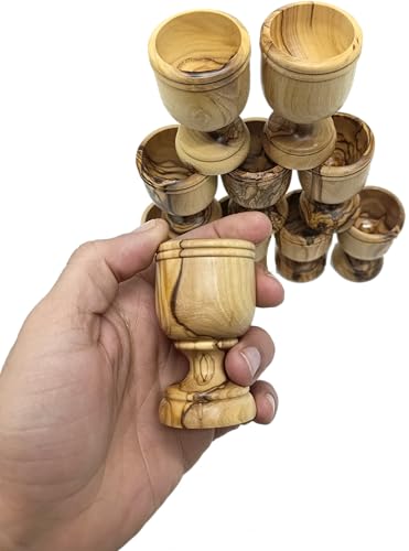 Zuluf Olive Wood Communion Wine Cup Set, 10 Count, 2.8 Inch Small Goblets, Handcrafted Bethlehem Holy Land, Eucharist Church Chalice Cups for Christian Worship & Religious Ceremony