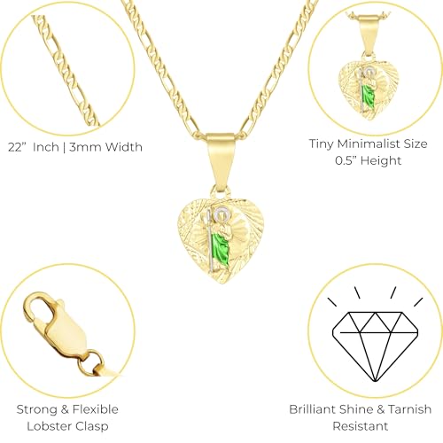 Saint Jude Heart Pendant Necklace 14K Gold Plated – 22 Inch Figaro Chain, Religious Catholic Jewelry Gift for Women & Men