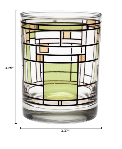 Culver Frank Lloyd Wright Oak Park DOF Double Old-Fashioned Glass 14-Ounce, Set of 2 Gift Boxed (Oak Park Green) Oak Park Green