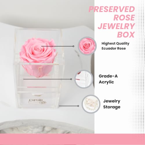 Preserved Rose in Luxury Acrylic Jewelry Box with Drawer - Elegant Gift for Women, Anniversary, Birthday, Valentine's Day, and Special Occasions (Pink) Pink