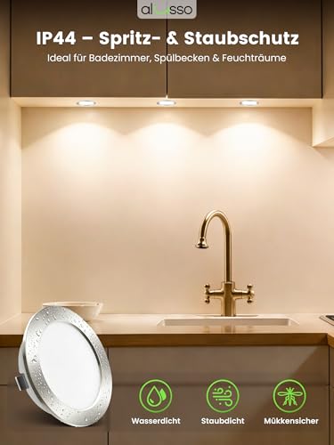 Alusso 12-24 V LED Recessed Ceiling Spotlight, IP44 Furniture Recessed Spotlight, Flat | 4 W, drill hole 55-58 mm and 14.5 mm flat, 3000 K warm white 4000 K neutral white 6000 K cool white, nickel, set of 3 Nickel, 12 V, Ø 55 – 58 Mm, Pack of 3 3er Set