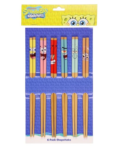 Nickelodeon SpongeBob SquarePants reusable chopsticks set with six Bikini Bottom character designs, 9.5 inches long.