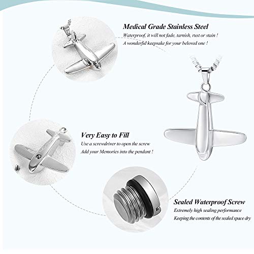 XSMZB Airplane Cremation Jewelry for Ashes Pendant Stainless Steel Memorial Urn Necklace for Human/Pet Keepsake Ashes Jewelry Silver