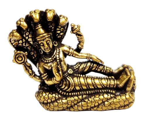 Purpledip Rare Miniature Brass Idol Vishnu Resting on Sheshnag Serpent in Ananthasayanam Pose: Collectible Statue with Detailed Very Fine Workmanship (12698T)