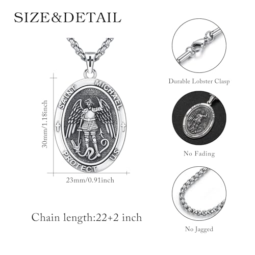 925 Sterling Silver Saint Michael Necklace for Men with 22"+2" Rolo Chain
