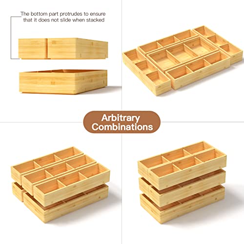 DUJEN 5 pieces Bamboo Drawer Organizer, Adjustable 3 Individual Junk Drawer organizer for Bathroom and Kitchen, Wood Drawer Organier Boxes for Jewellery, Make up and Tea Bag 1 piece 12.5X6.2 & 4 pieces 12.5X3.1