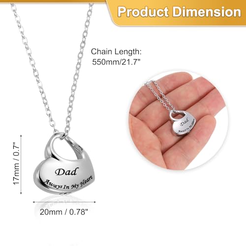 sourcing map Heart Cremation Necklace for Ashes Dad, Urn Ash Memorial Cremation Necklaces Waterproof Keepsake Pendant with Funnel Kit for Ashes of Loved Ones (Silver Tone)
