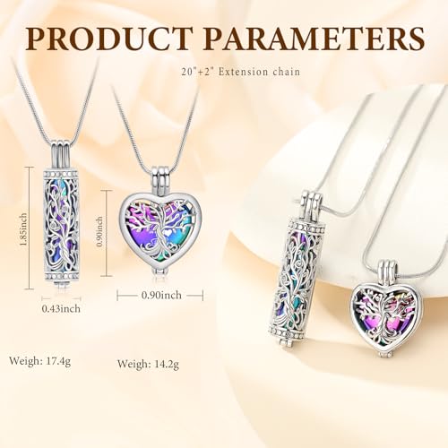 Tree of Life Cremation Jewelry for Men Women - 2 Pcs Cylinder & Heart Urn Necklaces for Ashes Stainless Steel Memorial Keepsake Pendant for Human Pet Ashes Rainbow