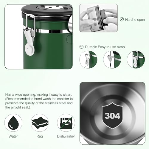 ShanSon Coffee Canister Airtight, Stainless Steel Bean Storage Container with Date Tracker & Scoop, Grounds Sugar Flour Tea Cereal Fits Kitchen Pantry, Ideal Gift for Coffee Lovers,22oz, Dark Green 22oz