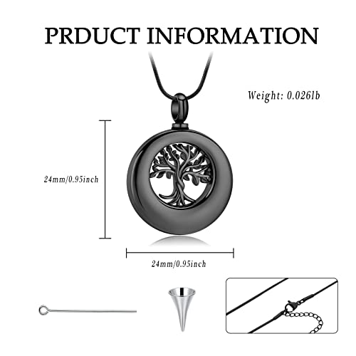 Circle of Life Urn Necklace for Ashes Tree of Life Cremation Jewellery for Women Men Stainless Steel Memorial Pendant for Human Pets Keepsake Ash Jewelry Bereavement Gifts with Fill tool Black