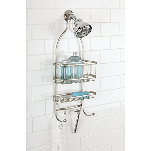 iDesign York metal wire hanging shower caddy in satin silver with multiple shelves for organizing bathroom essentials