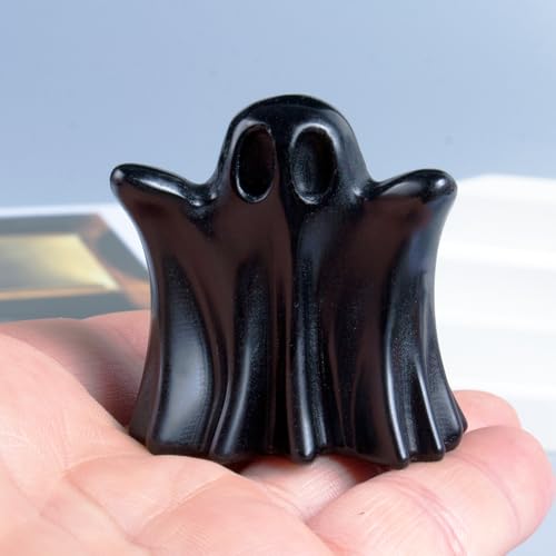 Black Obsidian Crystal Ghost, 1.8in Ghost Decor, Cute Natural Crystal Ghost Statue,Halloween Figurines Hand-Carved, Spooky and Decoration for Halloween Home Office Mantel Decor