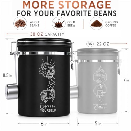 Large Coffee Canister – Airtight Stainless Steel Storage Container with Date Tracker & Scoop, Sealed Jar for Grounds, Beans, Tea, Flour, Cereal, and Sugar (Black Esspresso, 38OZ) Black Esspresso