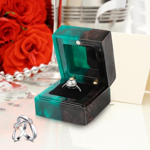 Wedding Ring Box, Engagement Ring Box with Single Slot Handcrafted Stabilized Wood and Resin Jewelry Box for Proposal Wedding Ceremony, Jewelry Organizer Elegant and Retro Ring Holder Box(Green) Black