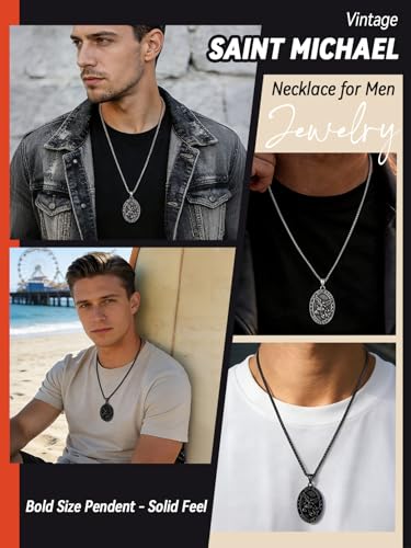 FaithHeart Saint Michael Pendant Necklace for Men, with 22"+2" Wheat Chain 00. Oval-Silver Stainless Steel