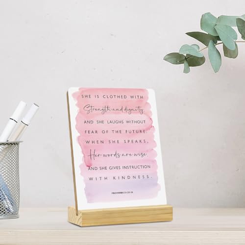 MUBIAO Inspirational Bible Verse Rustic Wooden Plaque with Stand, Proverbs 31:25-26, 4x5 Inches, Wood Material Multicolor459